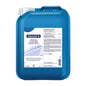 A blue 5-liter plastic canister of Bode Dismofix® G Gloss Cleaner, equipped with a white label containing product information and application instructions for streak-free cleaning. (Paul Hartmann AG)