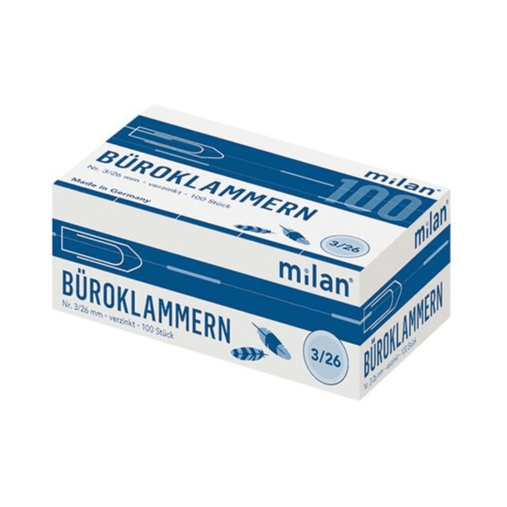 A rectangular box of Papier Liebl paper clips 26 mm, galvanized, square shape (ALCO 215) contains 100 pieces. The white packaging with blue accents features the blue lettering "Büroklammern" on the front.