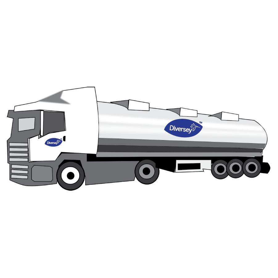 Image of a large white tanker truck with three rear axles, featuring the logo "Diversey Deutschland GmbH & Co. OHG" and branding for Diversey Suma Plex T38, water hardness binder on the side of the cab and the tank.