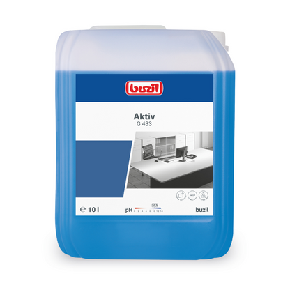 The 10-liter container of Buzil Aktiv G 433 Gentle All-Purpose Cleaner contains a blue, surface-friendly liquid. The white-blue label displays the brand logo of BUZIL-WERK Wagner GmbH & Co. KG as well as product information.
