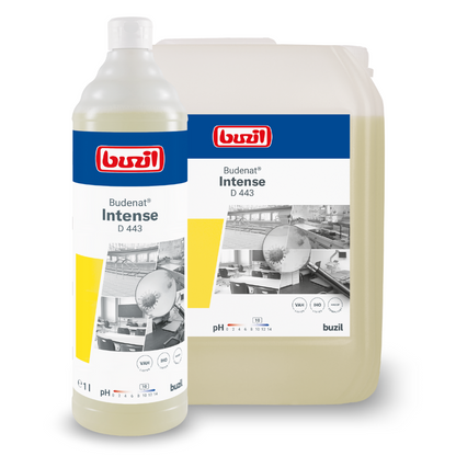 Two containers with cleaning agents, a 1-liter bottle and a larger jug, are labeled with "Buzil Budenat® Intense D 443 Highly Efficient Disinfectant Cleaner" from BUZIL-WERK Wagner GmbH & Co. KG and display black and white industrial environment images as well as a pH value. This disinfectant cleaner meets the standards of the HACCP concept.