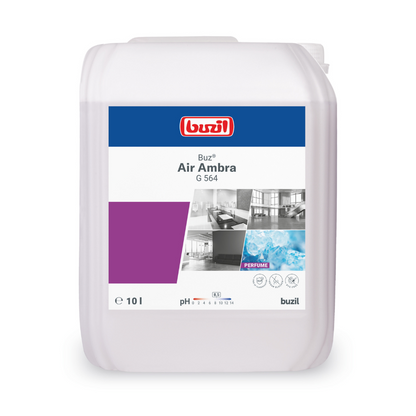 A white plastic container with the logo of BUZIL-WERK Wagner GmbH & Co. KG in red and white, images of a building interior and ice, as well as a purple rectangle, bears the inscription "Buzil Buz® Air Ambra G 564 Ready-to-use Room Spray with Active Odor Blocker." This 10-liter bottle contains a room spray with a long-lasting scent that includes an odor blocker and has a pH value of 8.0.