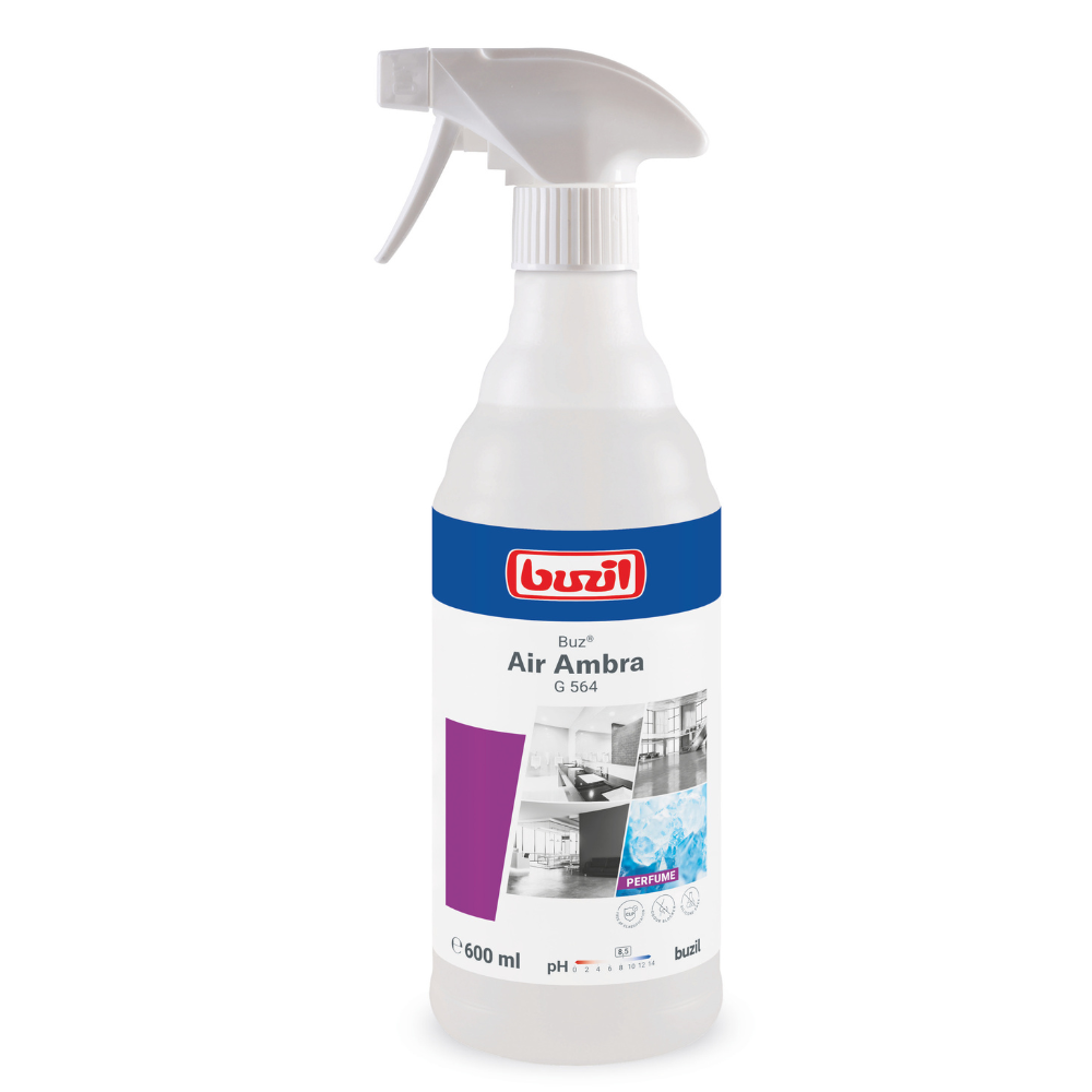 Here is a rewritten sentence using the provided product data:

A white spray bottle with Buzil Buz® Air Ambra G 564 Ready-to-use Room Spray with Active Odor Blocker from BUZIL-WERK Wagner GmbH & Co. KG features a spray nozzle for easy application. The label is blue, purple, and white and shows images of a kitchen and a bathroom. This 600-ml bottle contains a ready-to-use room spray with an active odor blocker for a long-lasting scent.