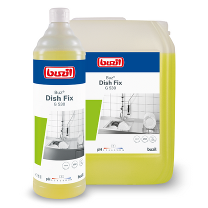 Displayed are a bottle and a large container of Buzil Buz® Dish Fix G 530 hand dishwashing detergent and neutral cleaner from BUZIL-WERK Wagner GmbH & Co. KG. The labels depict a sink filled with dishes. This neutral cleaner is specially designed for cleaning purposes and offers extraordinary grease-dissolving power to effectively remove stubborn grease.
