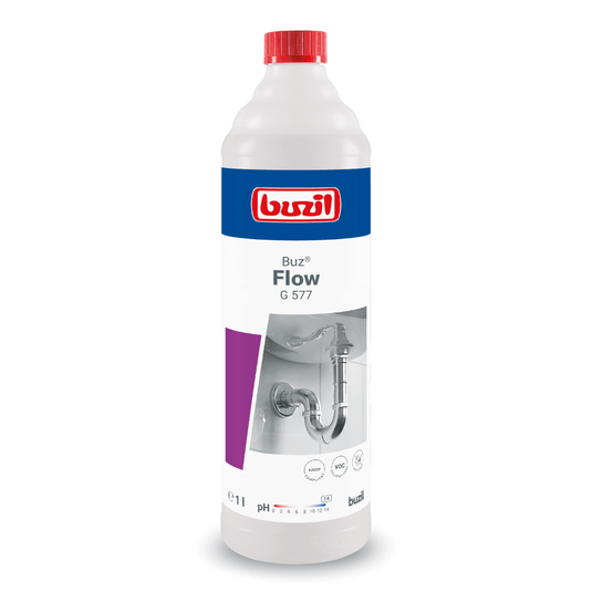 A 1-liter bottle of Buzil Buz® Flow G 577 Liquid Drain Cleaner, manufactured by BUZIL-WERK Wagner GmbH & Co. KG. The label features a plumbing illustration and the product logo. The predominantly white bottle is accented with red, blue, and purple details and has a red cap designed to effectively clear clogs in drains.