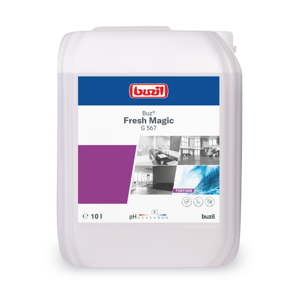 A 10-liter container of the room spray Buzil Buz® Fresh Magic G 567 from BUZIL-WERK Wagner GmbH & Co. KG with active odor blocker. The label prominently displays the Buzil logo, images of cleaned surfaces, a violet color block, and clearly indicates the optimal pH value for use.