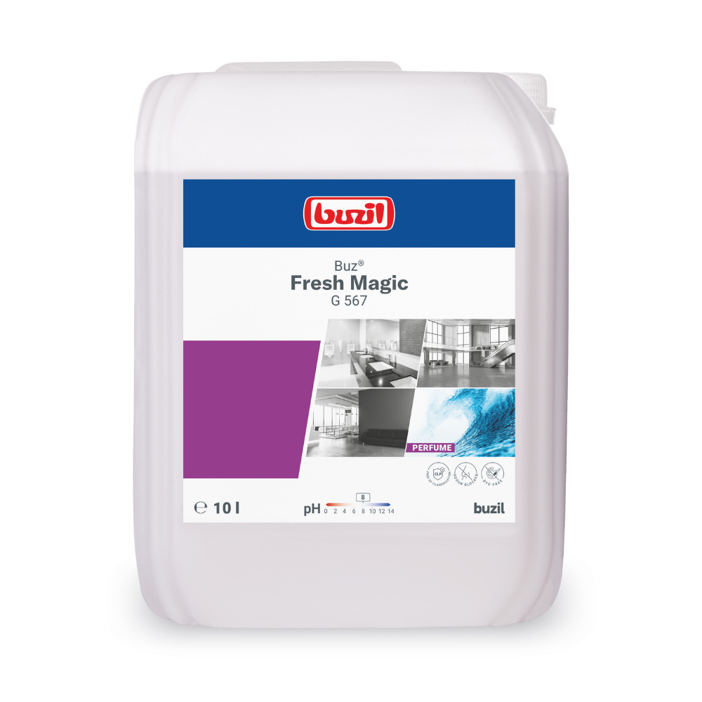 Ein 10-Liter-Behälter des Raumsprays Buzil Buz® Fresh Magic G 567 von BUZIL-WERK Wagner GmbH & Co. KG mit Aktiv-Geruchsblocker. Das Etikett zeigt prominent das Buzil-Logo, Bilder gereinigter Oberflächen, einen violetten Farbblock und gibt deutlich den optimalen pH-Wert für die Anwendung an.