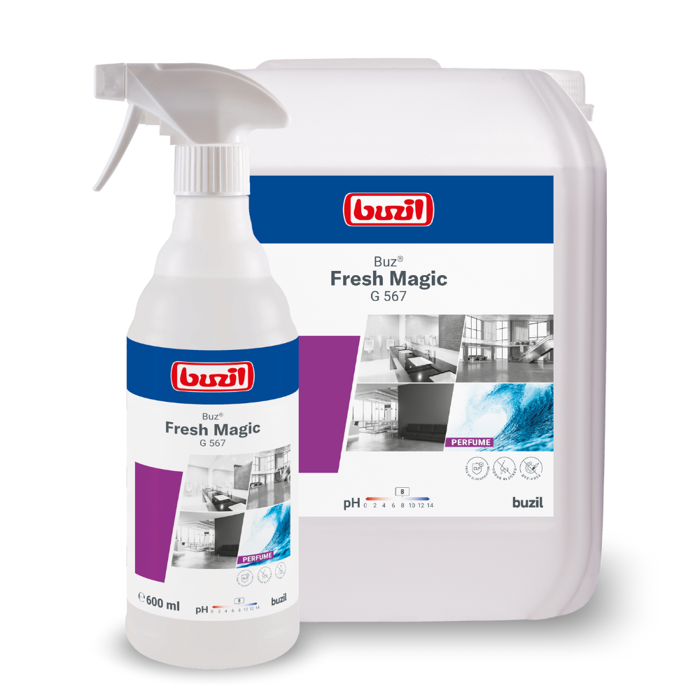Displayed are a spray bottle and a large container with Buzil Buz® Fresh Magic G 567, a ready-to-use room spray from BUZIL-WERK Wagner GmbH & Co. KG with an active odor blocker for effective odor neutralization. The labels feature images of a clean kitchen and a bathroom, as well as information on the pH value and the amount of the product.