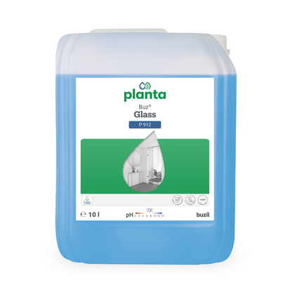 A 10-liter container with Buzil Planta Buz® Glass P 912 Ecological Glass and Surface Cleaner from BUZIL-WERK Wagner GmbH & Co. KG, with blue liquid inside. The label shows a droplet image over a green rectangle and contains symbols highlighting the eco-certified and pH-neutral properties.