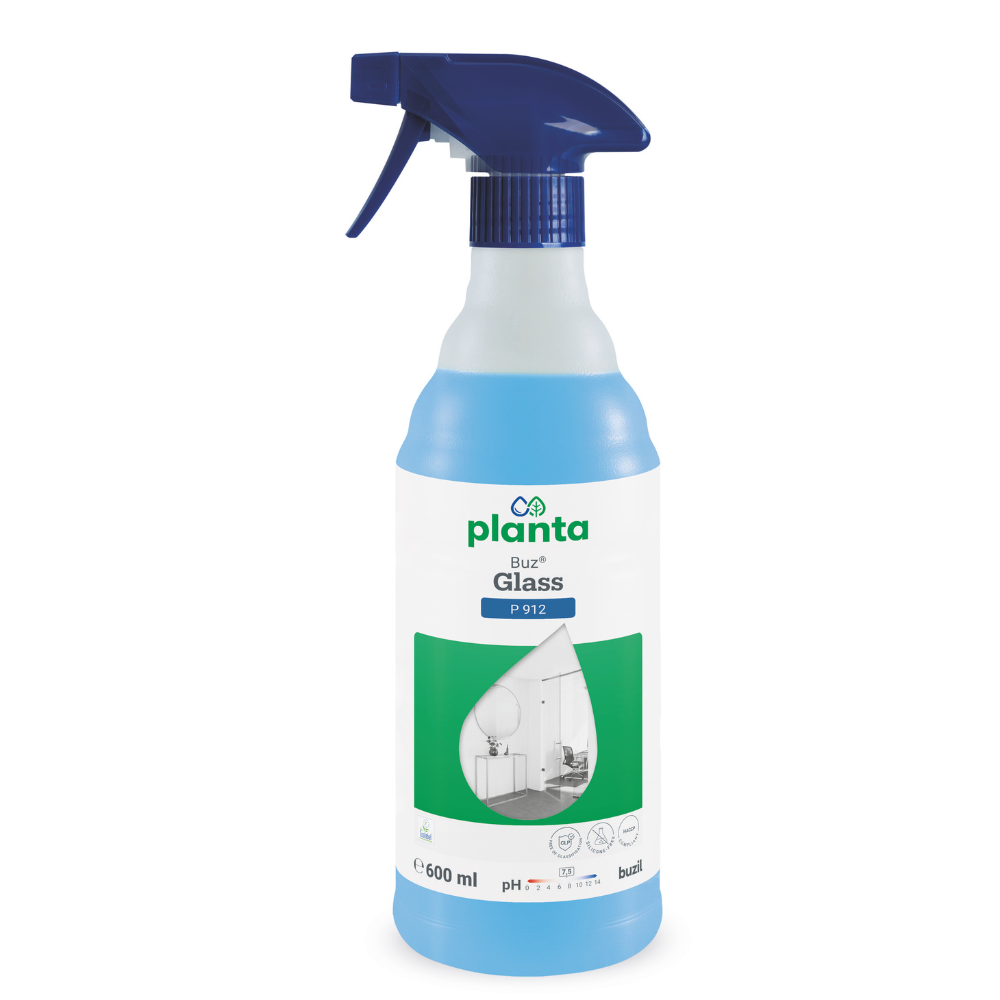 A 600-ml bottle of Buzil Planta Buz® Glass P 912 Ecological Glass and Surface Cleaner from BUZIL-WERK Wagner GmbH & Co. KG with a blue spray nozzle. The label is predominantly white with green and blue accents and shows an illustration of a glass surface as well as product details and highlights the environmental friendliness certification.