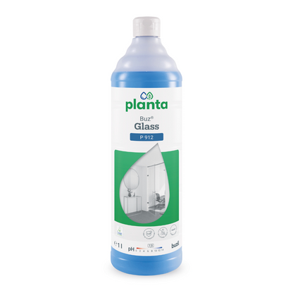 A blue bottle of Buzil Planta Buz® Glass P 912 Ecological Glass and Surface Cleaner from BUZIL-WERK Wagner GmbH & Co. KG is designed in green-white. The label, showing a cleanroom in a water droplet, emphasizes its environmental friendliness. This 1-liter cleaner with a pH range of 7.0 to 7.5 is eco-certified for environmentally conscious cleaning.