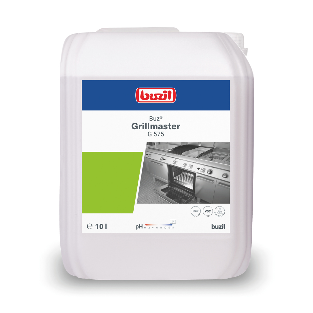 A white rectangular container with Buzil Buz® Grillmaster G575, a high-alkaline grill and oven cleaner from BUZIL-WERK Wagner GmbH & Co. KG, known for its fat emulsifying capability. The label shows a kitchen image, the brand logo, and product specifications. This container holds 10 liters and includes pH and safety symbols.