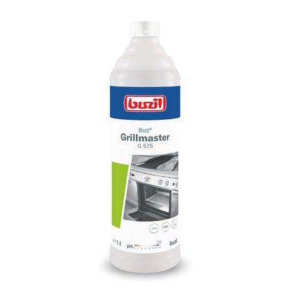 A bottle of Buzil Buz® Grillmaster G 575 high-alkaline grill and oven cleaner from BUZIL-WERK Wagner GmbH & Co. KG with a blue-red logo. The label shows a clean grill oven and the bottle is designed in white-green. It contains 1 liter and is marked with a pH symbol.