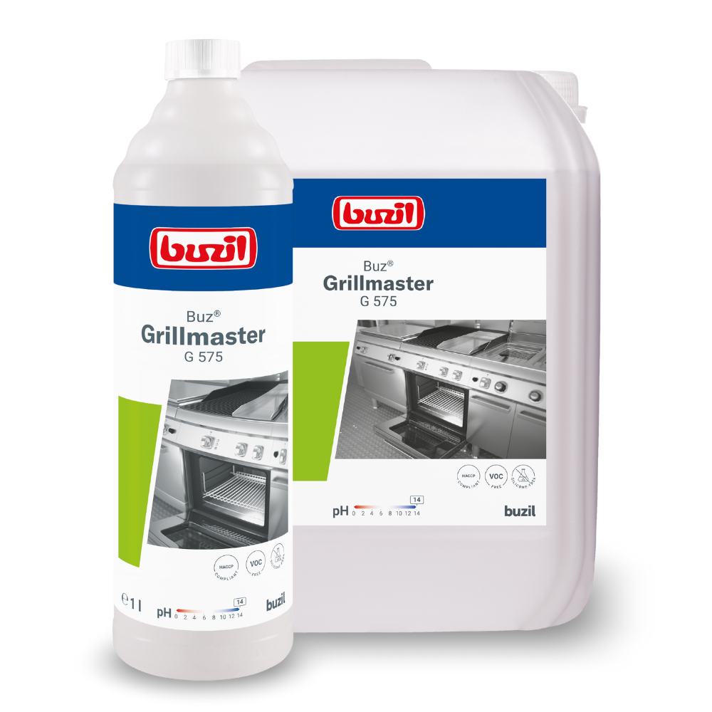 Displayed are a bottle and a large container of Buzil Buz® Grillmaster G 575 high-alkaline grill and oven cleaner from BUZIL-WERK Wagner GmbH & Co. KG. Each label features an image of a clean grill, along with product details and branding that emphasize effectiveness on stubborn grill residues.