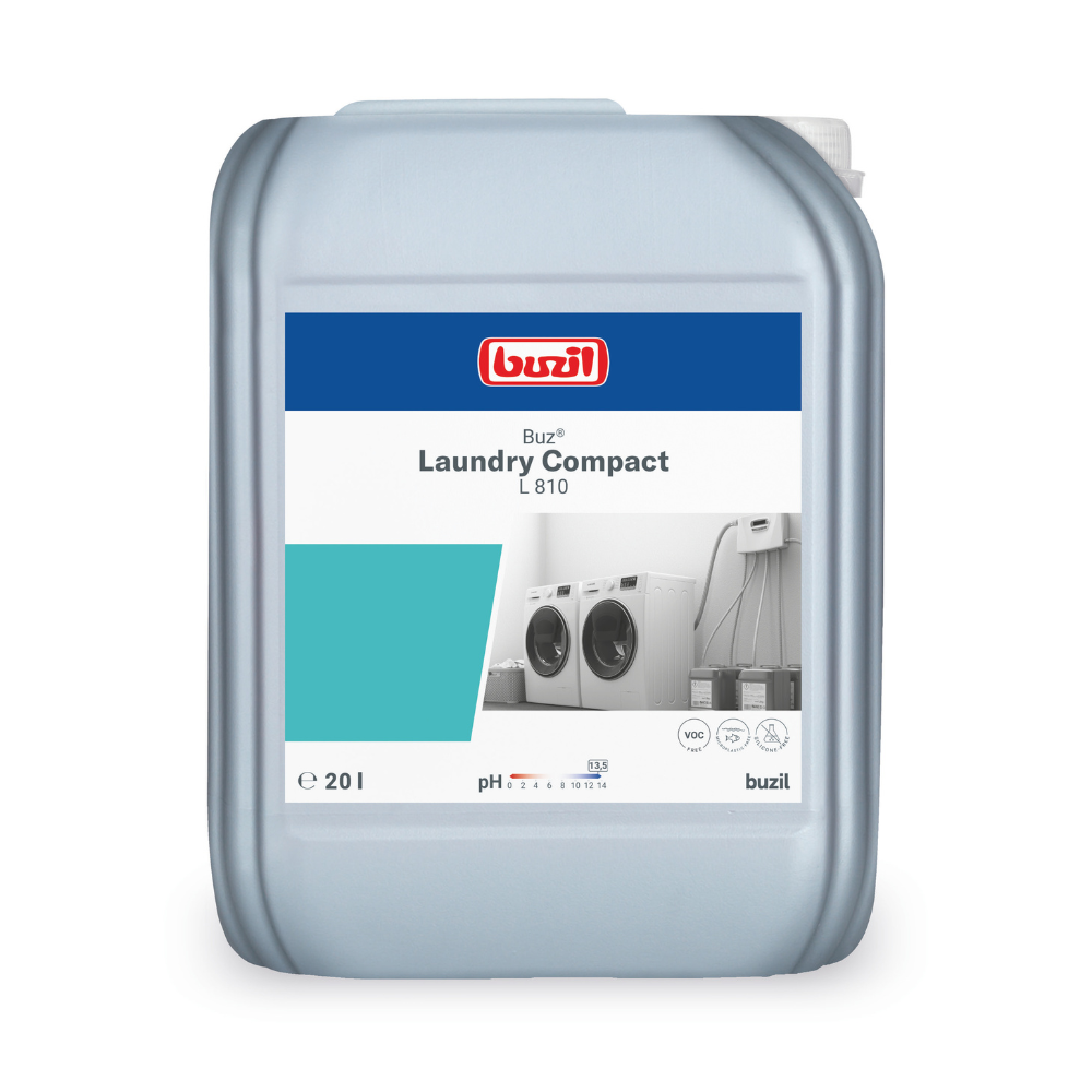 Professional textile care offers a 20-liter container of Buzil Buz® Laundry Compact L 810 High Concentrate Liquid Detergent from BUZIL-WERK Wagner GmbH & Co. KG. The label, adorned with images of washing machines, provides information on pH value, filling quantity, and application. It impresses with a simple blue-white design on a light gray container.