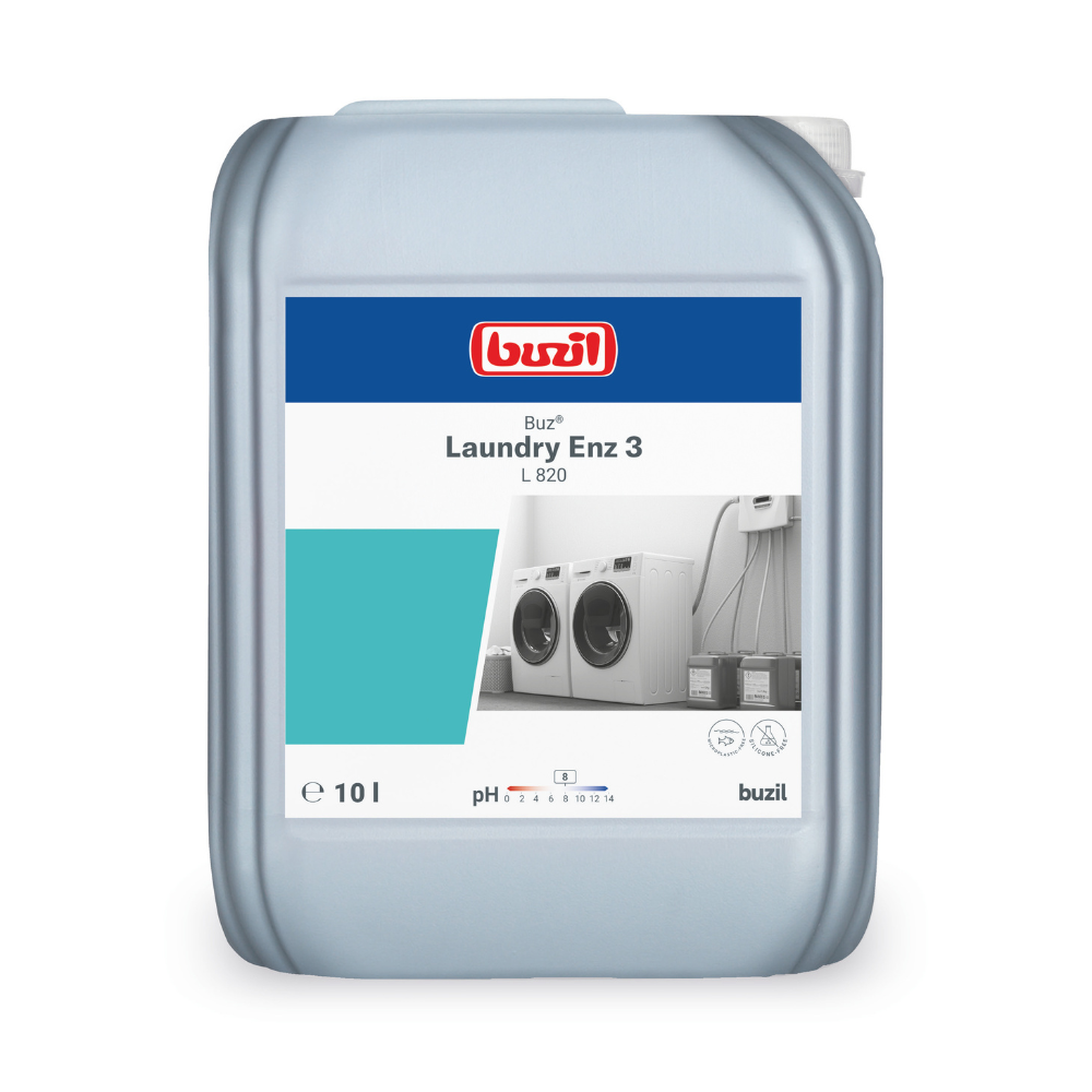 A 10-liter container with Buzil Buz® Laundry Enz 3 L 820, manufactured by BUZIL-WERK Wagner GmbH & Co. KG, is marked with the logo and product details. The label is aimed at professional users and shows images of washing machines as well as information on liquid quantity and pH value. This container with enzyme-containing liquid detergent concentrate has a carrying handle and a cap on top.