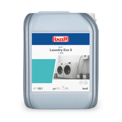 A 10-liter container with Buzil Buz® Laundry Enz 3 L 820, manufactured by BUZIL-WERK Wagner GmbH & Co. KG, is marked with the logo and product details. The label is aimed at professional users and shows images of washing machines as well as information on liquid quantity and pH value. This container with enzyme-containing liquid detergent concentrate has a carrying handle and a cap on top.