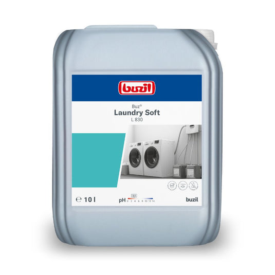 A 10-liter canister in gray with Buzil Buz® Laundry Soft L 830 from BUZIL-WERK Wagner GmbH & Co. KG, ideal for professional laundries. The label features washing machines and important product details such as pH value and measurement symbols to ensure optimal textile care.