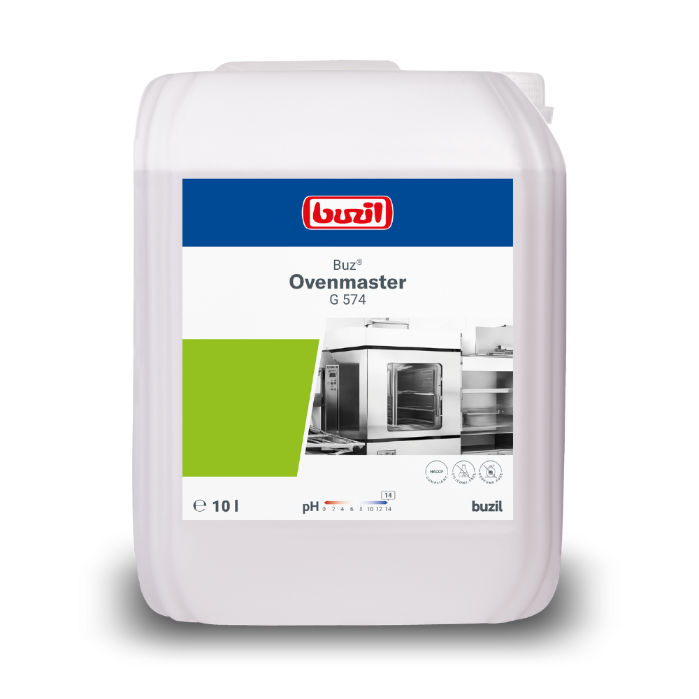 Displayed is a white plastic container with Buzil Buz® Ovenmaster G 574 high-alkaline oven cleaner, clearly marked with its 10-liter capacity. The label is ideal for gastronomy use and shows the image of an oven as well as the grease-dissolving power and pH value of the cleaner, along with the brand logo of BUZIL-WERK Wagner GmbH & Co. KG.
