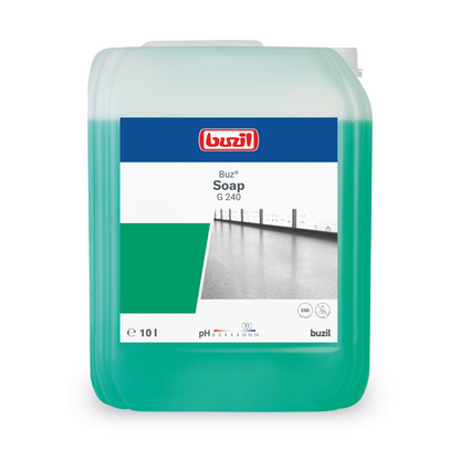 A 10-liter container of Buzil Buz® Soap G 240 Wiping Care on a Soap Basis by BUZIL-WERK Wagner GmbH & Co. KG, ideal for floor cleaning, with a green-white label featuring an image of a clean floor. The label includes wiping care product details such as pH value and certifications, and the container is filled with a green liquid.