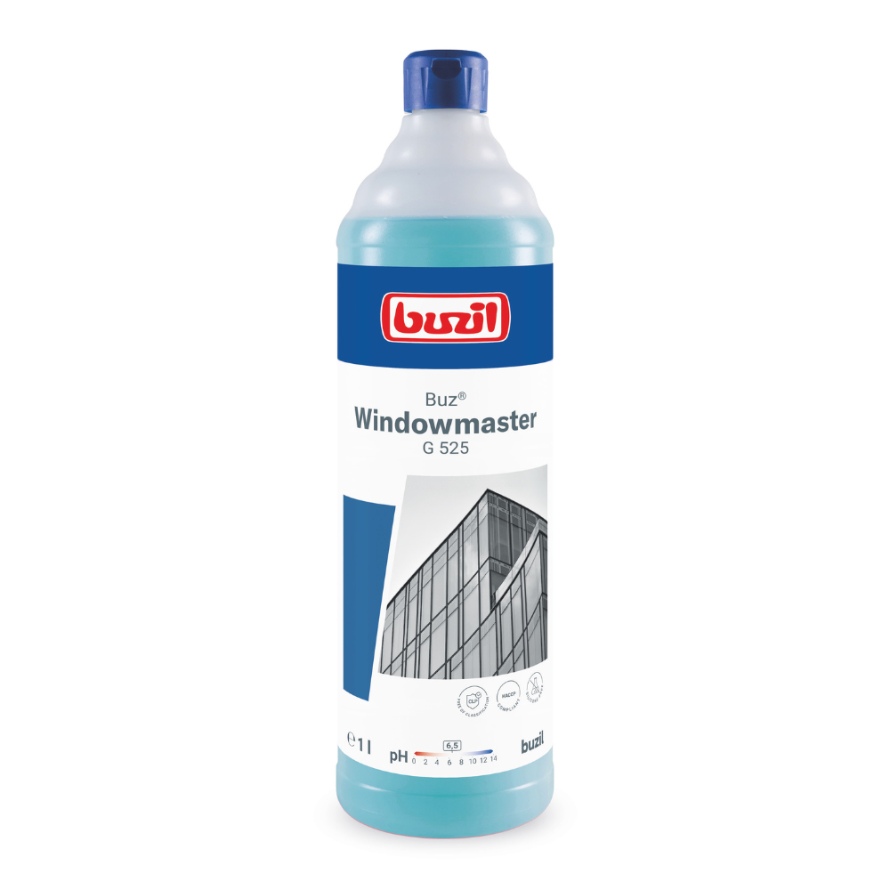 Eine Flasche Buzil Buz® Windowmaster G 525 Glas- und Fensterreiniger-Konzentrat von BUZIL-WERK Wagner GmbH & Co. KG mit blauem Verschluss und Etikett mit dem Bild eines Gebäudes mit Glasfenstern. Die Flasche verspricht streifenfreies Reinigen und ist mit einem 1-Liter-Volumen und pH-Informationen für optimale Leistung gekennzeichnet.