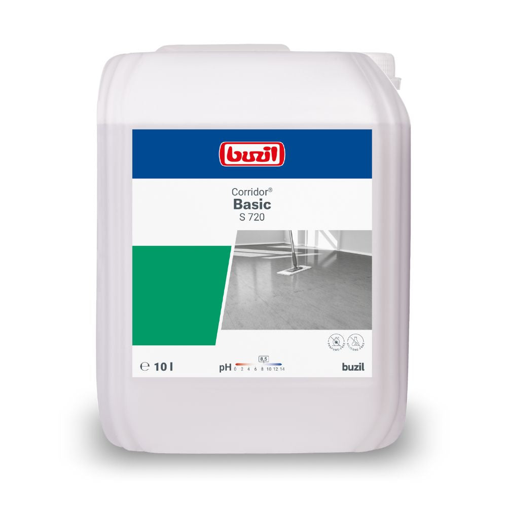 Displayed is a 10-liter container of Buzil Corridor® Basic S 720 pore filler and primer. The label is white with green and blue sections and shows a floor image suggesting suitability for floor coverings. It contains the logo of BUZIL-WERK Wagner GmbH & Co. KG, a pH value, and relevant symbols.