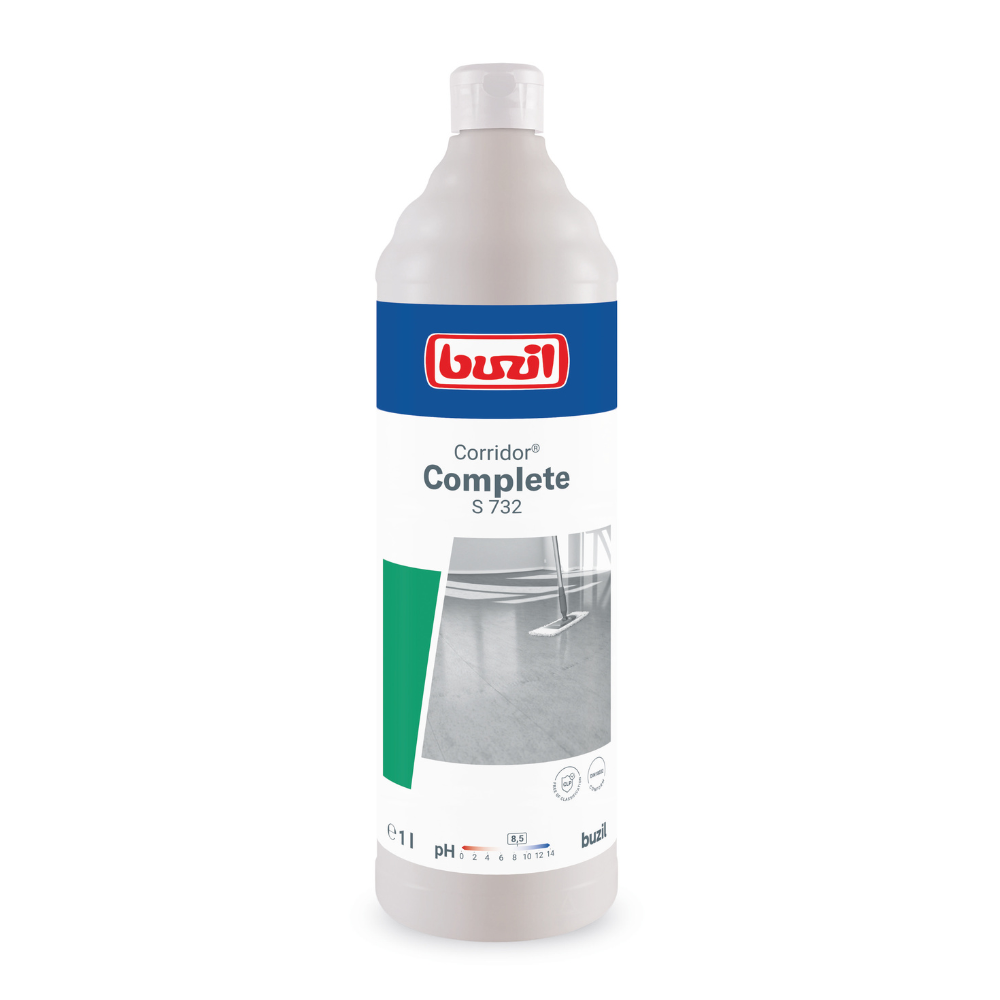 A 1-liter bottle of Buzil Corridor® Complete S 732 multi-purpose emulsion surface cleaner from BUZIL-WERK Wagner GmbH & Co. KG is designed for water-resistant floors. The packaging features a blue label with red and green accents, highlighting an image of a clean floor and its multi-purpose emulsion formula, as well as pH information and application instructions.