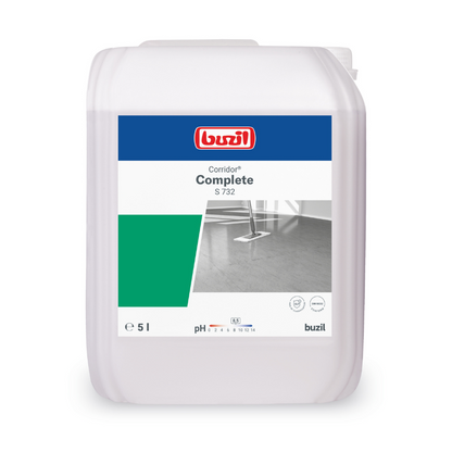 A 5-liter container of Buzil Corridor® Complete S 732 multi-purpose emulsion surface cleaner. The label bears the logo of BUZIL-WERK Wagner GmbH & Co. KG, the product name, pH information, and an image of a clean floor with a mop, making it ideal for water-resistant floor coverings.