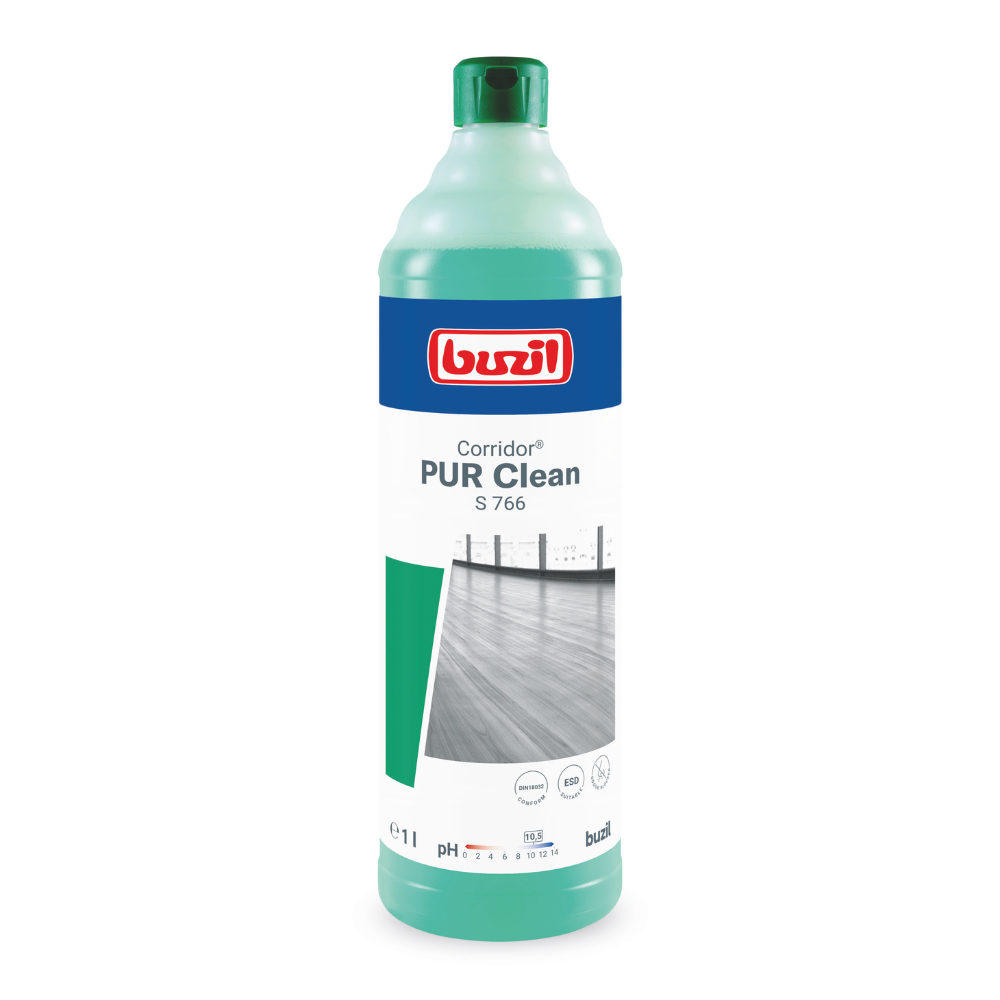 Der Buzil Corridor® PUR Clean S 766 Ultranetzender Bodenreiniger mit Geruchsblocker von BUZIL-WERK Wagner GmbH & Co. KG ist in einer Flasche mit hellgrünem Design, blauem Etikett und rotem Logo erhältlich. Sie enthält 1 Liter Produkt, das sich ideal für die Pflege makelloser Böden eignet, und ist auf der Verpackung mit einem Bild eines sauberen Bodens versehen.