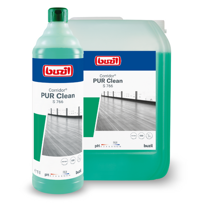 Displayed are a large container and a bottle of Buzil Corridor® PUR Clean S 766 ultra-wetting floor cleaner with odor blocker with the green liquid. The labels show an image of a spotless hallway floor and text highlighting this effective floor cleaner with odor blocker from BUZIL-WERK Wagner GmbH & Co. KG.
