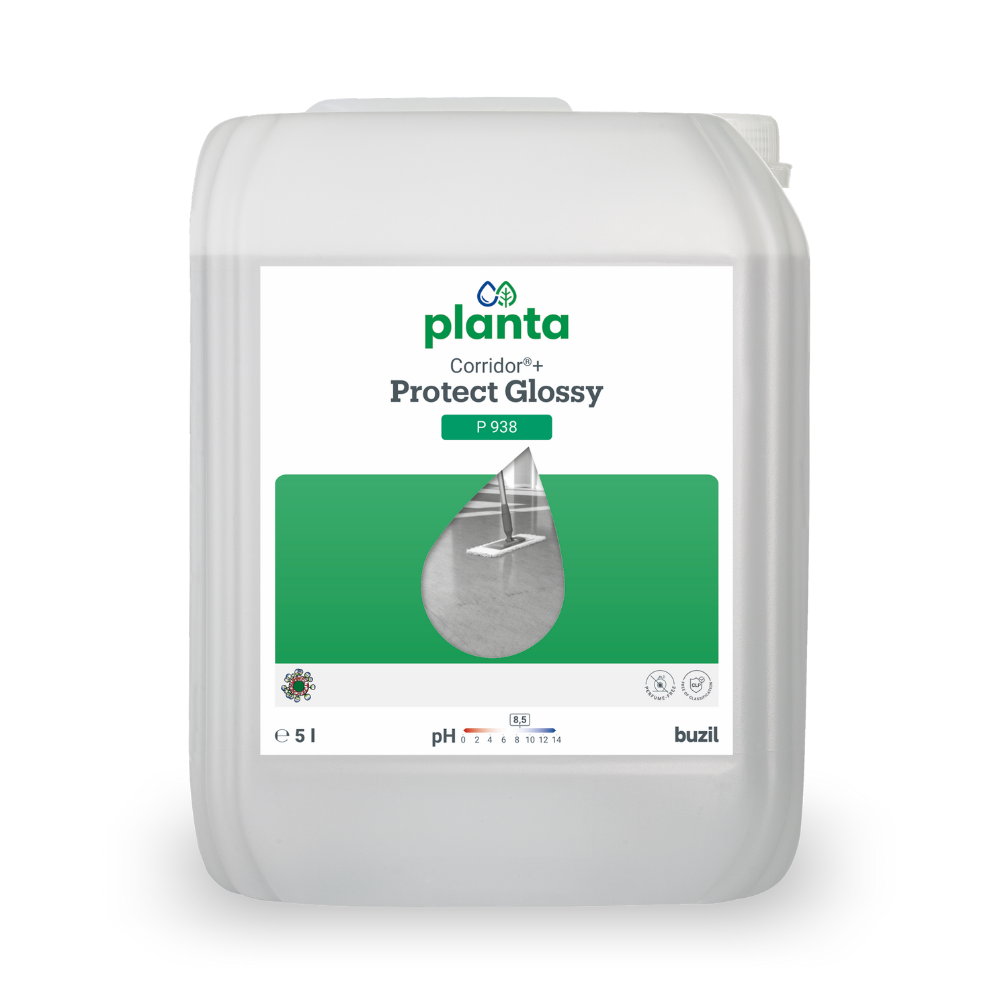 Pictured is a 5-liter container of Buzil Corridor®+ Protect Glossy P 938 Ecological Dispersion from BUZIL-WERK Wagner GmbH & Co. KG. The white label with green accents and drop pattern emphasizes the premium floor care with a pH value of 9.4.