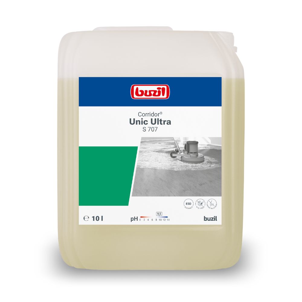 Ein 10-Liter-Gebinde Buzil Corridor® Unic Ultra S 707 Universalgrundreiniger von BUZIL-WERK Wagner GmbH & Co. KG eignet sich perfekt für die professionelle Reinigung. Das Etikett zeigt das Buzil-Logo, den Produktnamen und das Bild einer Bodenreinigungsmaschine auf grauem Hintergrund. Der durchscheinende Behälter verfügt über einen sicheren Schraubverschluss.