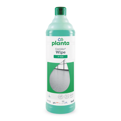 A green bottle labeled "Buzil Corridor® Wipe P 930" features an image of a clean floor and indicates that the product volume is 1 liter. This polymer-based formula from BUZIL-WERK Wagner GmbH & Co. KG provides ecological cleaning care while effectively blocking odors in your spaces.