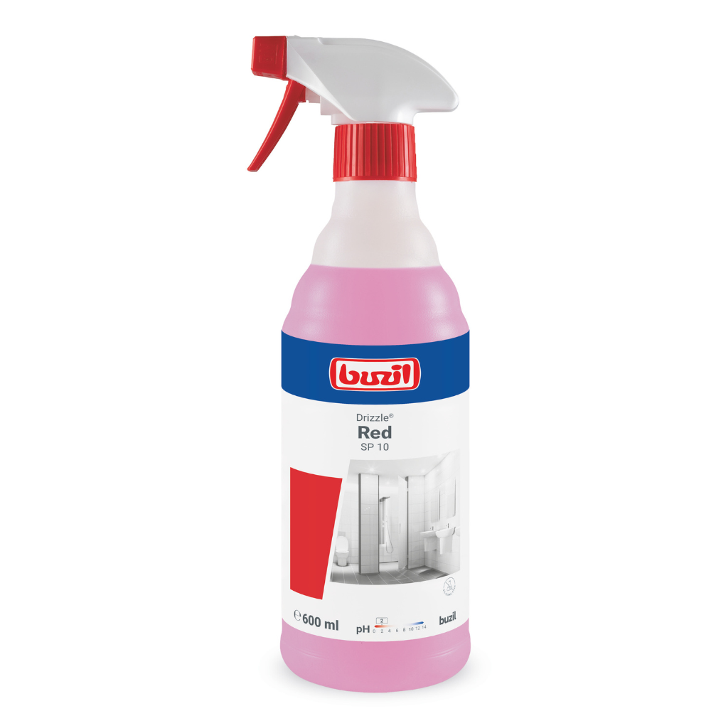 A spray bottle labeled "Buzil Drizzle® Red SP 10 Ready-to-Use Sanitary Foam Cleaner" from BUZIL-WERK Wagner GmbH & Co. KG contains 600 ml of bathroom cleaning foam for optimal performance. The pink liquid is contained in a bottle with a red and white spray nozzle, and the label features an image of a bathroom.