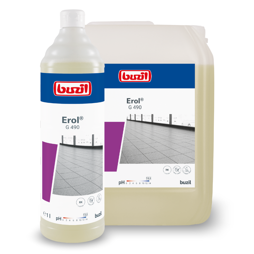 The image shows two containers of Buzil Erol® G 490 Alkaline Intensive Cleaner for porcelain stoneware tiles by BUZIL-WERK Wagner GmbH & Co. KG. The larger, square, translucent container and the smaller cylindrical container both have purple and blue labels with images of a cleaning solution that is perfect for deep cleaning porcelain stoneware tiles.
