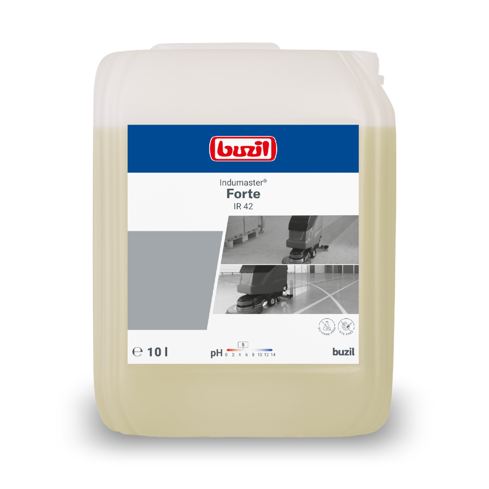 A 10-liter canister of Buzil Indumaster® Forte IR 42 solvent-based industrial and sports floor cleaner from BUZIL-WERK Wagner GmbH & Co. KG serves as an effective cleaner for industrial and sports floors. The light container is marked with a gray-white label featuring the brand logo, product name, and images of cleaning equipment.