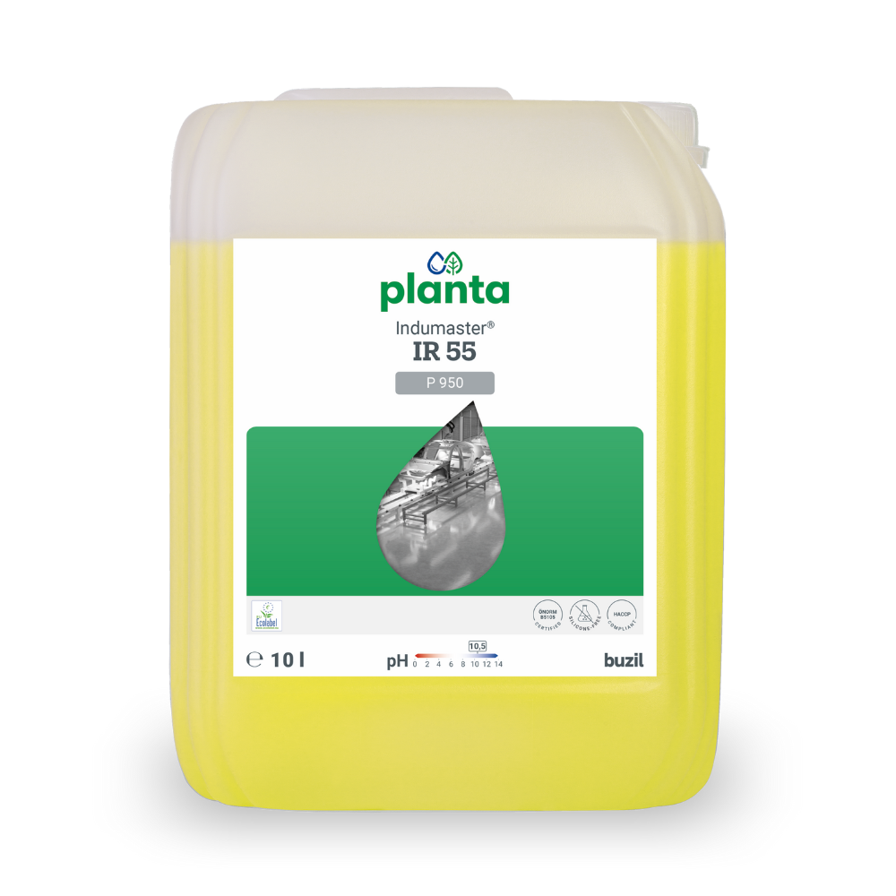 A 10-liter container of Buzil Indumaster® IR 55 P 950, an ecological, universal industrial cleaner. The transparent canister contains a yellow liquid with a white, green-accented label, featuring images of water droplets and industrial pipes, and prominently displays the brand name "BUZIL-WERK Wagner GmbH & Co. KG".