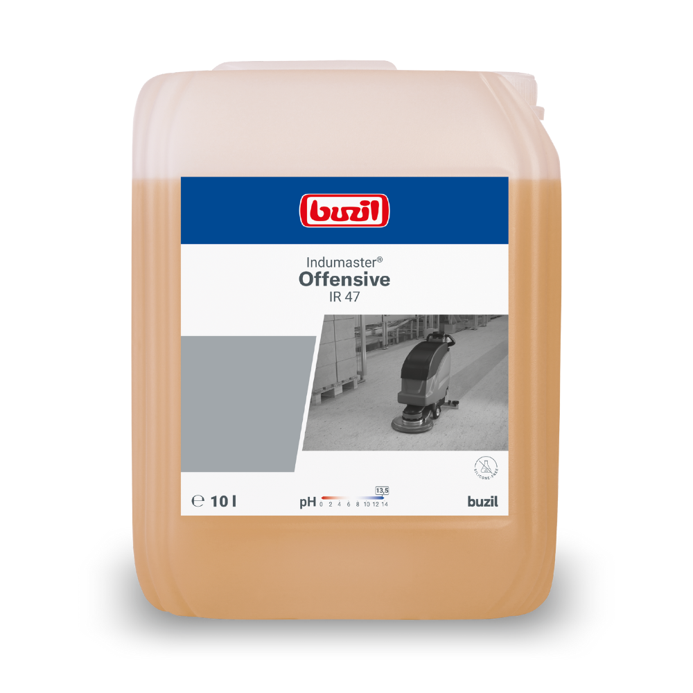 A 10-liter container of Buzil Indumaster® Offensive IR 47 Highly Alkaline Intensive Industrial Cleaner from BUZIL-WERK Wagner GmbH & Co. KG features detailed product information and a small image of a floor cleaning machine on the label. This highly alkaline industrial cleaner is delivered in a rectangular container equipped with a convenient carrying handle on the top.