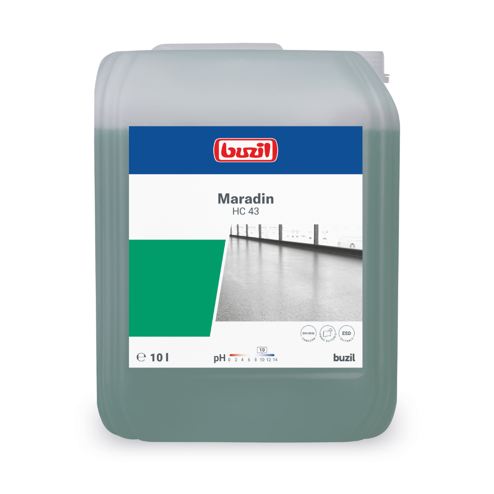 A 10-liter container Buzil Maradin HC 43 Highly Concentrated All-Purpose Intensive Cleaner from BUZIL-WERK Wagner GmbH & Co. KG features a blue-green design on the label, displaying product details such as a pH symbol, environmental symbols, and an image of a clean floor. It is ideal for combating oil and grease contamination on water-resistant surfaces.