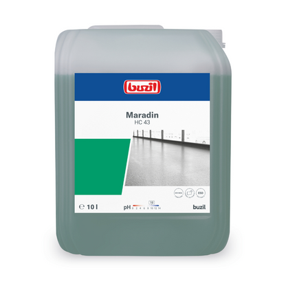 A 10-liter container Buzil Maradin HC 43 Highly Concentrated All-Purpose Intensive Cleaner from BUZIL-WERK Wagner GmbH & Co. KG features a blue-green design on the label, displaying product details such as a pH symbol, environmental symbols, and an image of a clean floor. It is ideal for combating oil and grease contamination on water-resistant surfaces.
