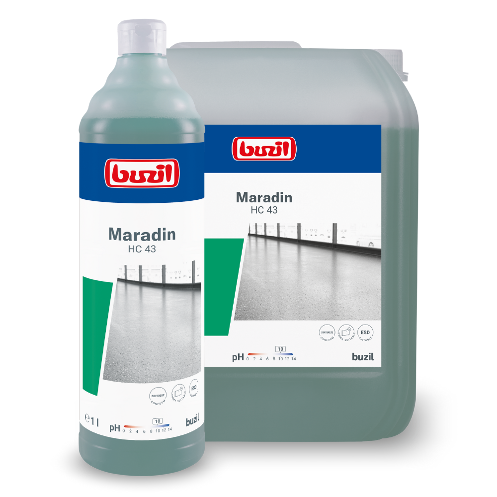 Image of two containers Buzil Maradin HC 43 Highly Concentrated All-Purpose Intensive Cleaner from BUZIL-WERK Wagner GmbH & Co. KG. On the front is a 1-liter bottle, on the back a larger canister. Ideal for removing oil and grease residues on water-resistant surfaces. Both items feature a floor image, product information, the Buzil logo, and the pH value.