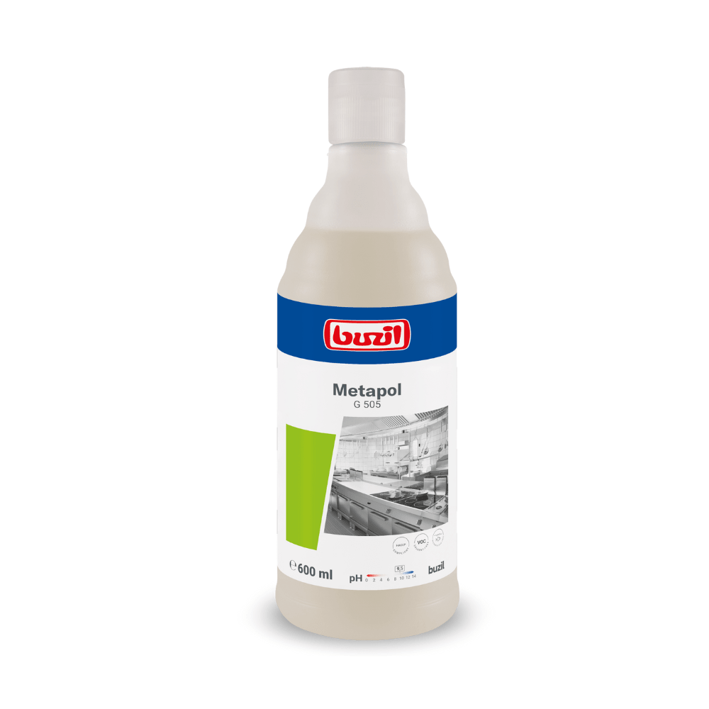 A 600 ml bottle of Buzil Metapol G 505 Ready-to-use Metal Polish from BUZIL-WERK Wagner GmbH & Co. KG with a blue and white label decorated with a kitchen image and symbols for use and pH value. This effective metal polish enhances surfaces with its brilliant beading effect.