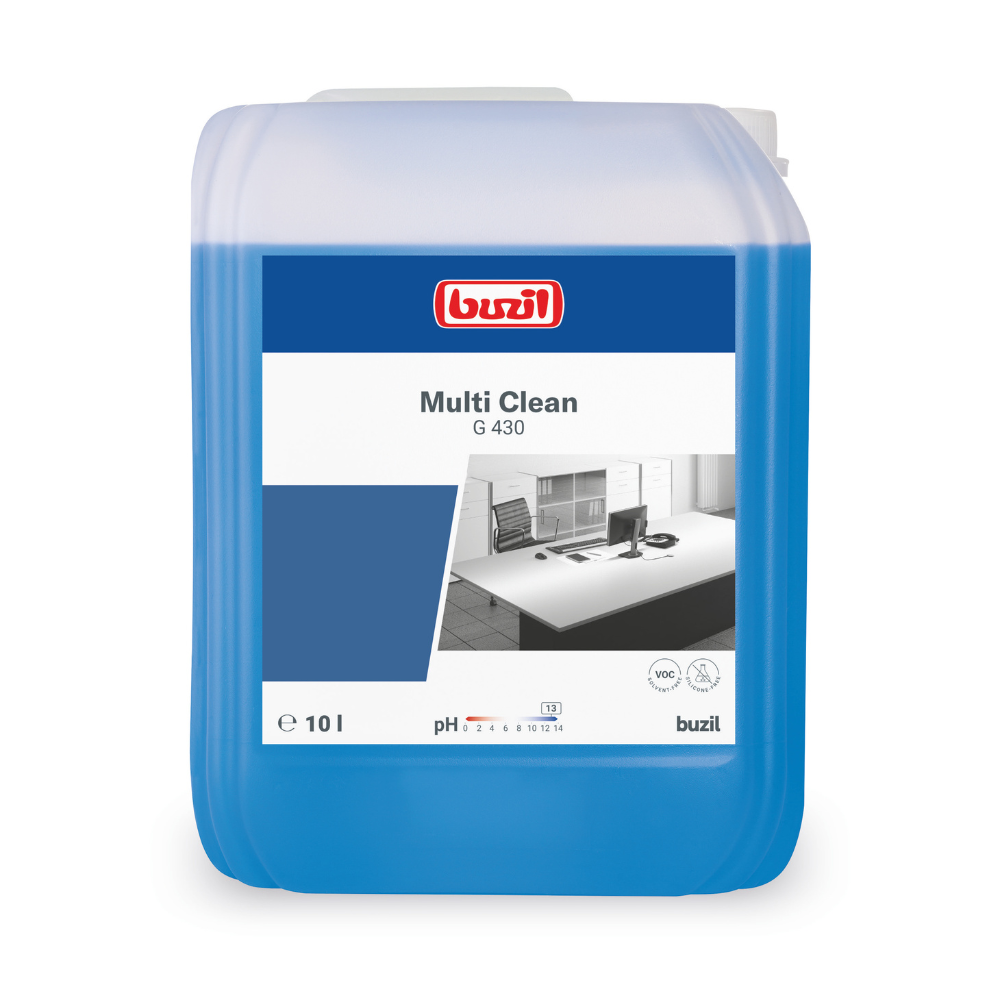 On a blue plastic container with a white-blue label, the 'Buzil Multi Clean G 430 Alkaline Intensive All-Purpose Cleaner' from BUZIL-WERK Wagner GmbH & Co. KG is depicted. The motif of a spotless office desk emphasizes its effectiveness as a powerful cleaner. The container holds 10 liters, making it ideal for removing stubborn dirt on various surfaces.