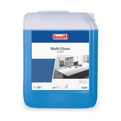 On a blue plastic container with a white-blue label, the 'Buzil Multi Clean G 430 Alkaline Intensive All-Purpose Cleaner' from BUZIL-WERK Wagner GmbH & Co. KG is depicted. The motif of a spotless office desk emphasizes its effectiveness as a powerful cleaner. The container holds 10 liters, making it ideal for removing stubborn dirt on various surfaces.