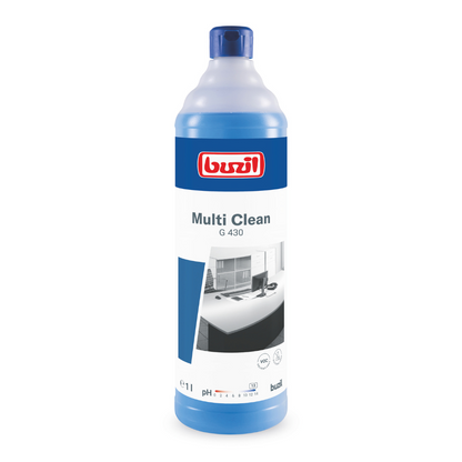 A blue bottle of Buzil Multi Clean G 430 Alkaline Intensive All-Purpose Cleaner is displayed, with a label featuring a red brand and a black and white image of a pristine room. This product, manufactured by BUZIL-WERK Wagner GmbH & Co. KG, is designed as an intensive cleaner to effectively remove stubborn dirt on alkali-resistant surfaces. The bottle comes with a matching blue cap.