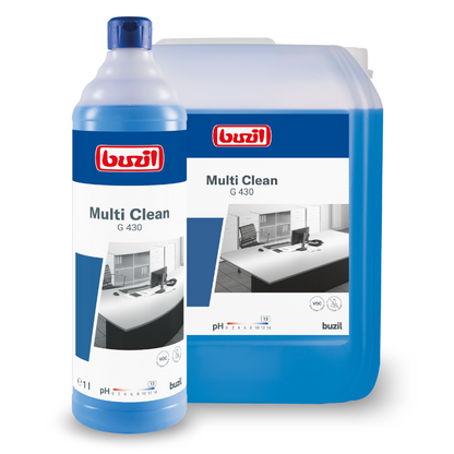 Two bottles of Buzil Multi Clean G 430 Alkaline Intensive All-Purpose Cleaner from BUZIL-WERK Wagner GmbH & Co. KG are displayed: A smaller one-liter bottle with a spout stands in front of a larger five-liter container. Both are excellent for intensive cleaning tasks and are equipped with blue and white labels featuring the image of a desk and chair, making them perfect for alkali-resistant surfaces.