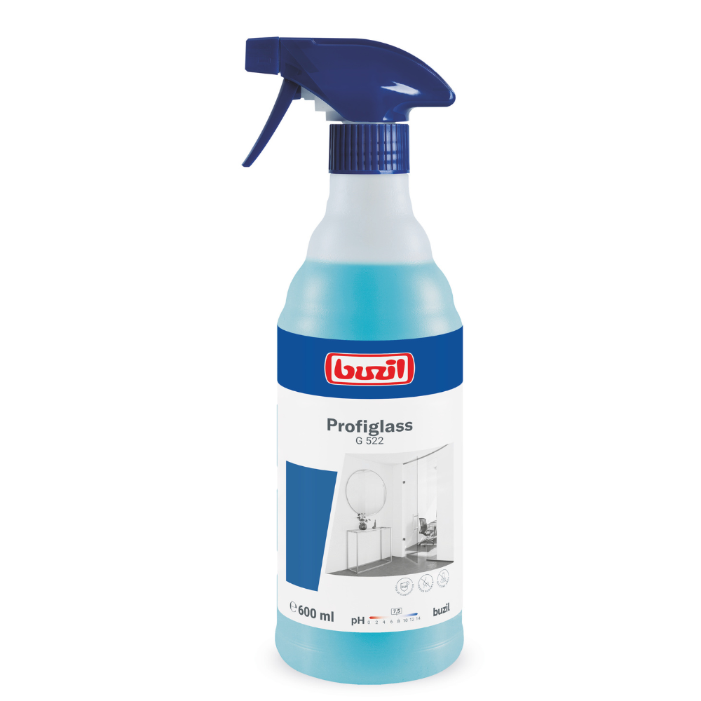 A 600 ml spray bottle with ready-to-use glass and surface cleaner Buzil Profiglass G 522 from BUZIL-WERK Wagner GmbH & Co. KG, equipped with a dark blue spray nozzle and designed for effective cleaning of glass surfaces by removing greasy residues.