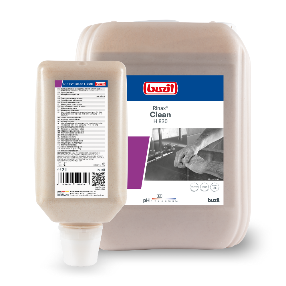 The image shows two containers of Buzil Rinax® Clean H 830 hand wash lotion from BUZIL-WERK Wagner GmbH & Co. KG. The larger container is a jug with a handle, while the smaller one is a bottle with a dosing cap. Both labels emphasize the gentle cleaning and professional hygiene of the hands, thereby highlighting the formulation of the hand wash lotion.