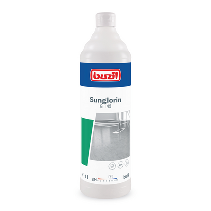 The Buzil Sunglorin G 145 self-gloss emulsion floor cleaner from BUZIL-WERK Wagner GmbH & Co. KG is delivered in a white bottle and is designed for cleaning with a focus on its pH properties. The label shows images of immaculate floors and symbols that emphasize its effectiveness as a floor cleaner for water-resistant coatings, suitable for use in both domestic and industrial environments.