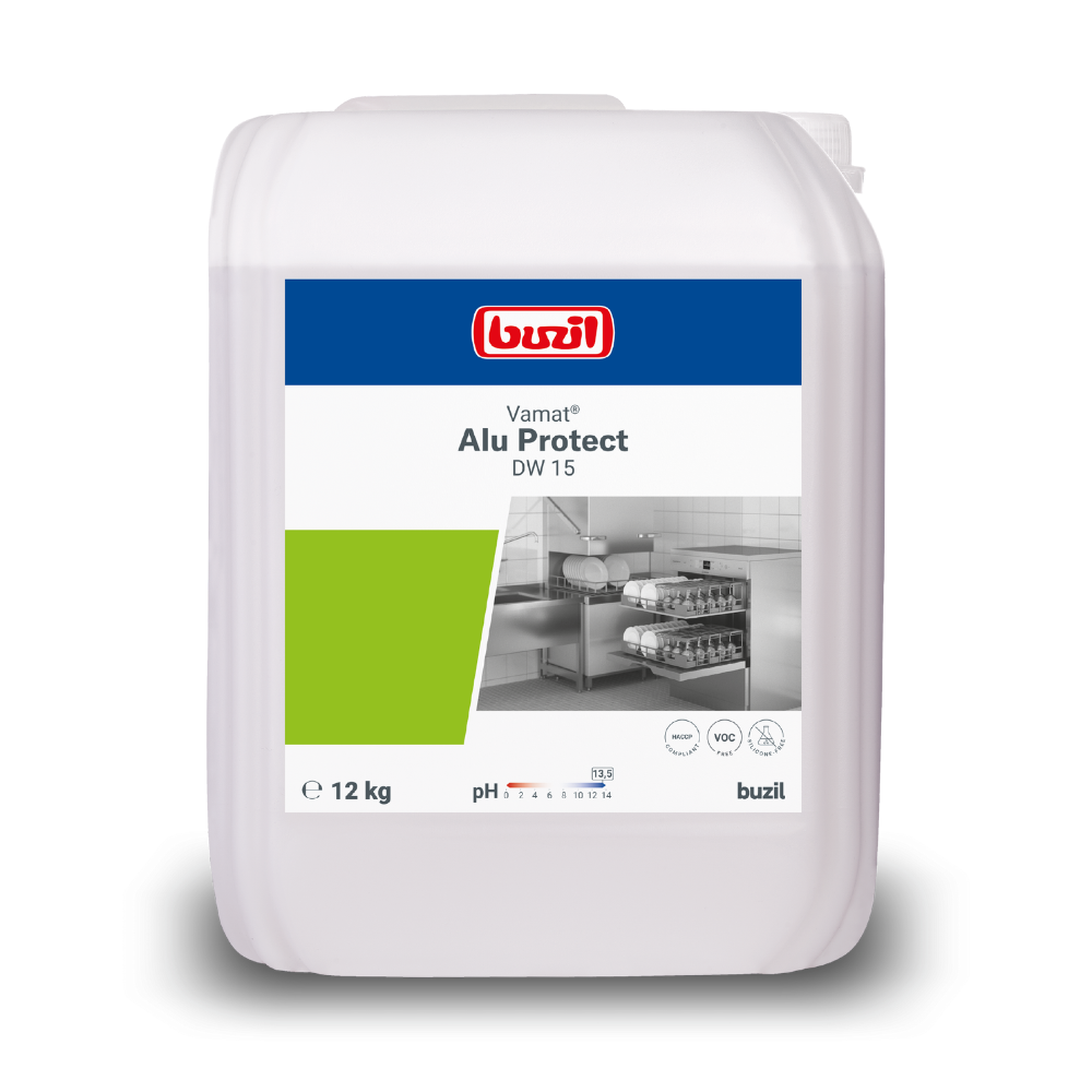 A 12-kg container of the product Buzil Vamat® Alu Protect DW 15 high-alkaline dishwashing detergent for aluminum from BUZIL-WERK Wagner GmbH & Co. KG is designed for use in commercial dishwashers and carries a label with an image of a kitchen including shelves and dishes. This product ensures safe cleaning of aluminum items while maintaining a neutral pH value of 7.